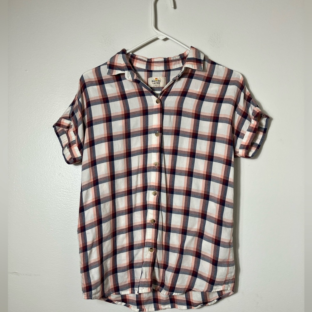 Marine Layer Button Front Short Sleeve Top Sz‎ Small Plaid Cotton Blend Preppy